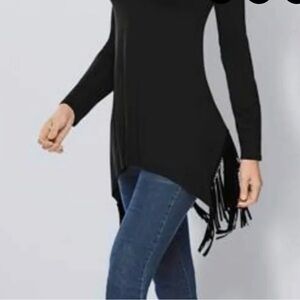 Black Fringe Hem Long Sleeve Tunic NWOT